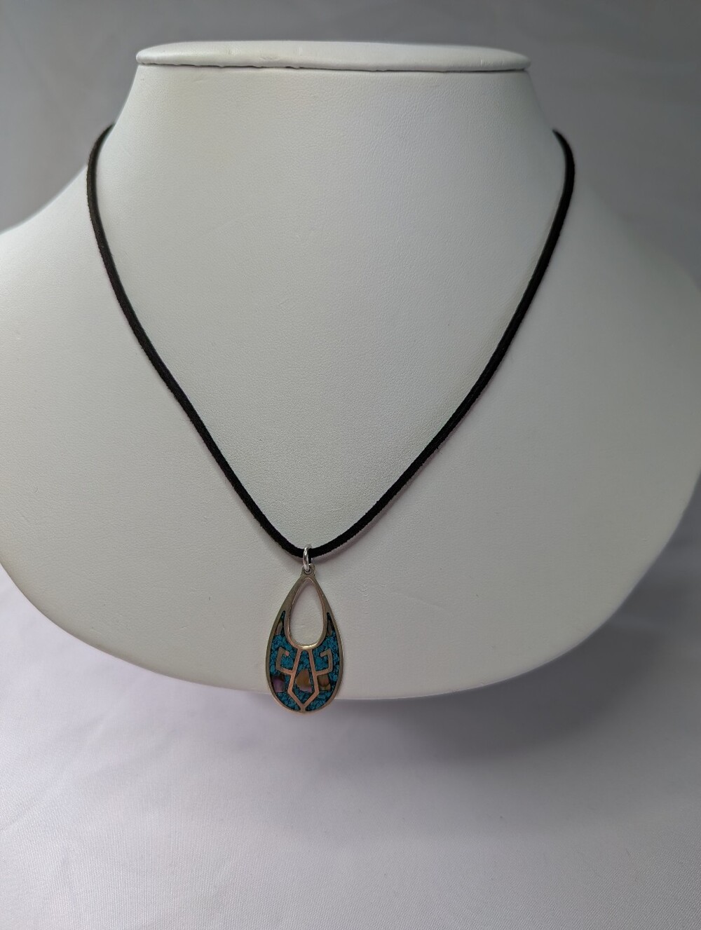 Sterling Teardrop Turquoise Inlay Pendant Necklace